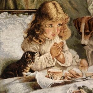 Charles Burton Barber Suspense Completed Needlepoint Little Girl Pup Kitty 12x18